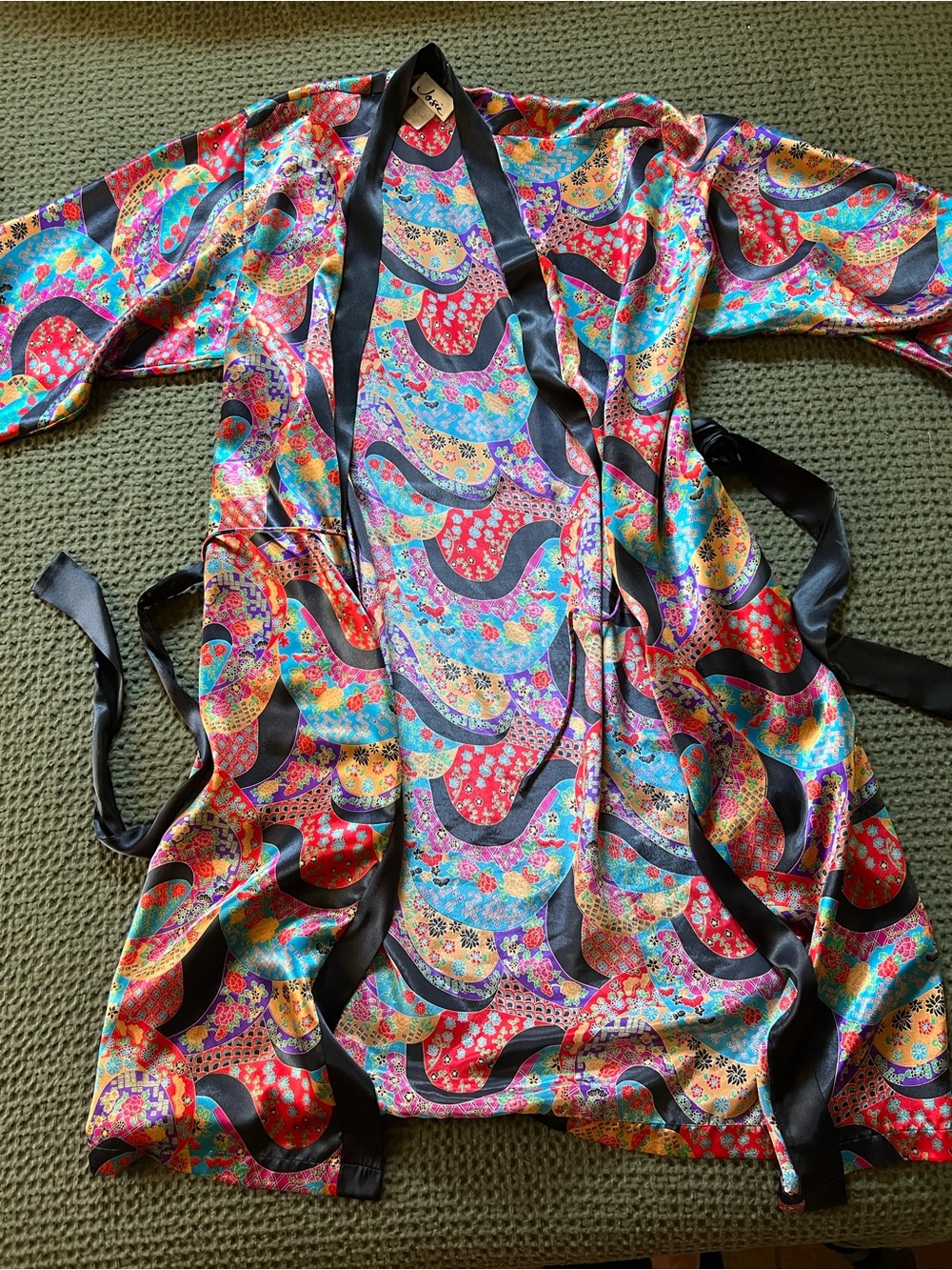 VINTAGE Vibrant Multicolor Satin Robe + Dress set with Black Trim